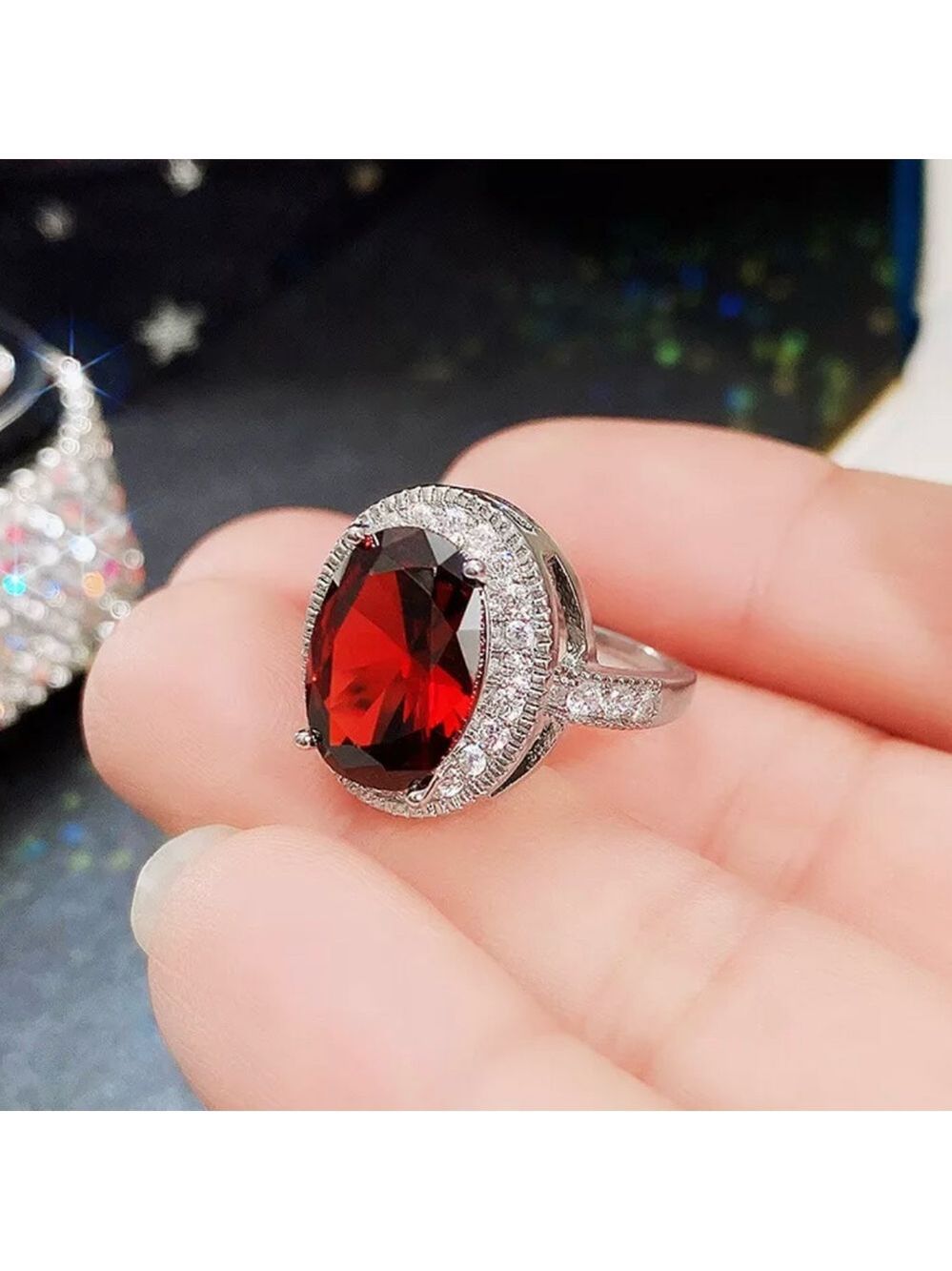 Elegant Red Gemstone Silver Ring size 6 - Picture 3 of 5